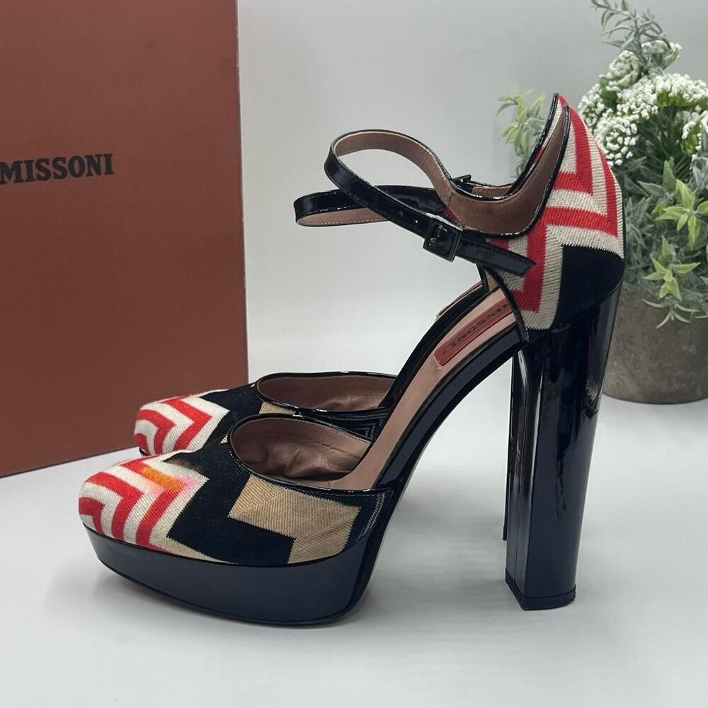 Missoni Tessuto Zigzag Print Fabric Leather Platform Strap 5” Heels Shoes 7.5/38 - Picture 8 of 16